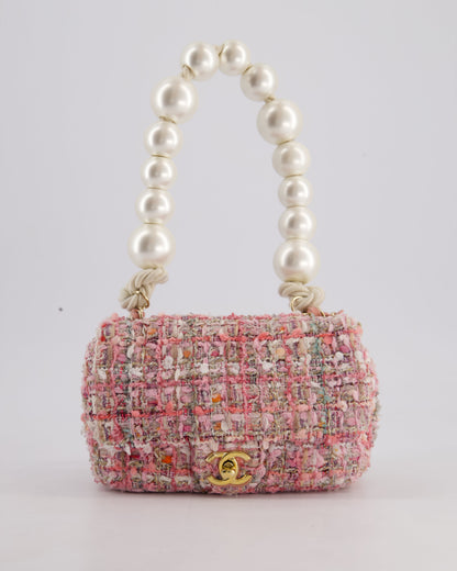 Chanel Pink Tweed Mini Rectangular Bag with Pearl Rope Handle and Champagne Gold Hardware