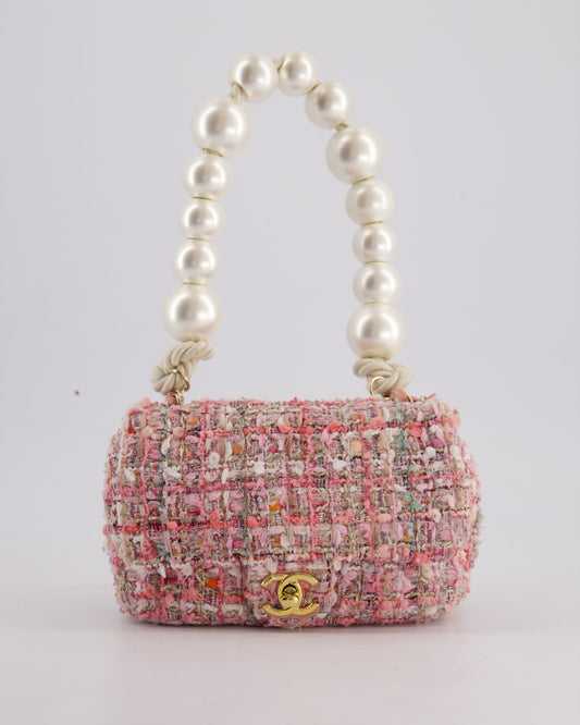 Chanel Pink Tweed Mini Rectangular Bag with Pearl Rope Handle and Champagne Gold Hardware