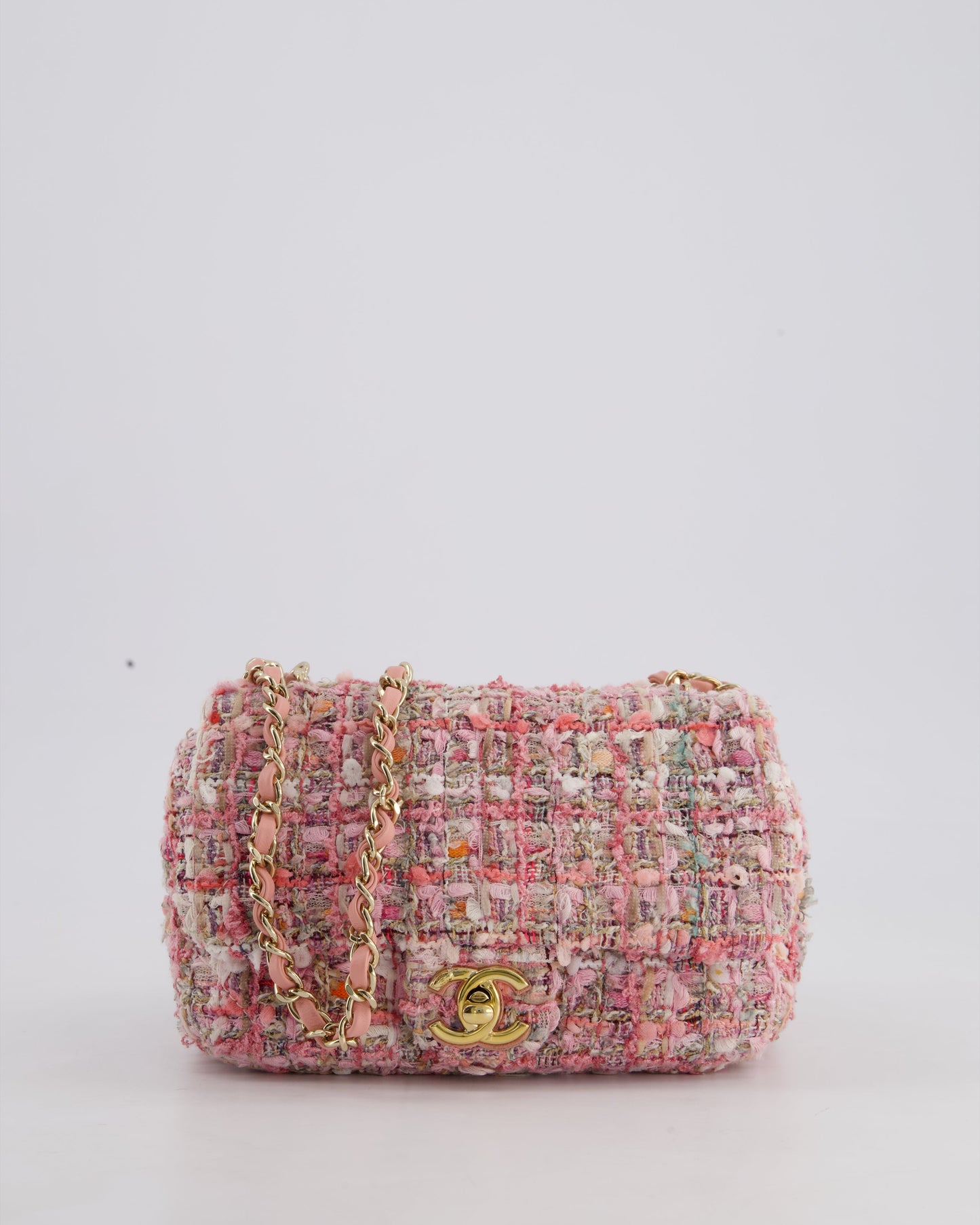 Chanel Pink Tweed Mini Rectangular Bag with Pearl Rope Handle and Champagne Gold Hardware