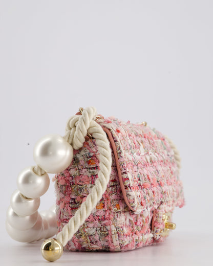 Chanel Pink Tweed Mini Rectangular Bag with Pearl Rope Handle and Champagne Gold Hardware