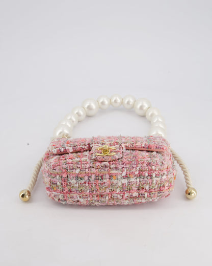 Chanel Pink Tweed Mini Rectangular Bag with Pearl Rope Handle and Champagne Gold Hardware