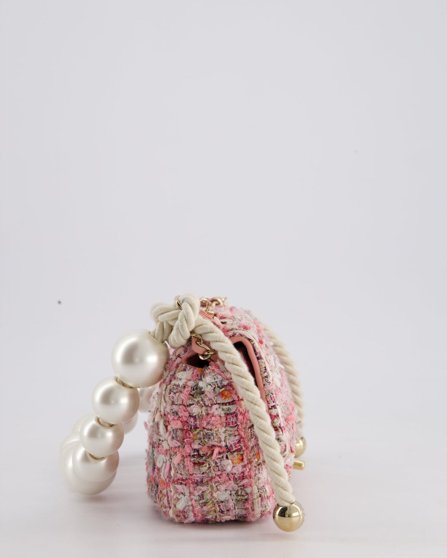 Chanel Pink Tweed Mini Rectangular Bag with Pearl Rope Handle and Champagne Gold Hardware