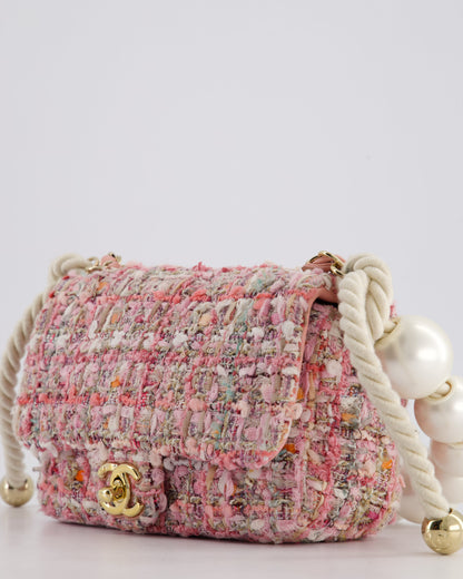 Chanel Pink Tweed Mini Rectangular Bag with Pearl Rope Handle and Champagne Gold Hardware