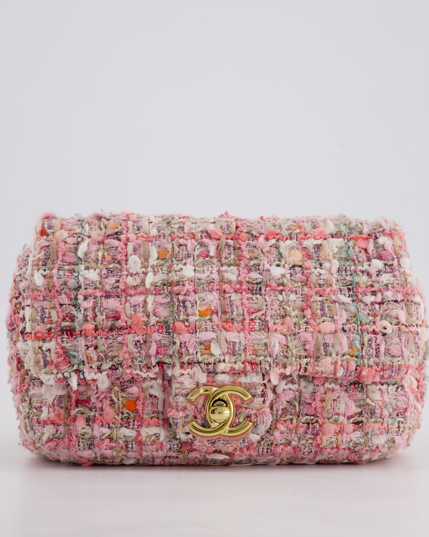 Chanel Pink Tweed Mini Rectangular Bag with Pearl Rope Handle and Champagne Gold Hardware