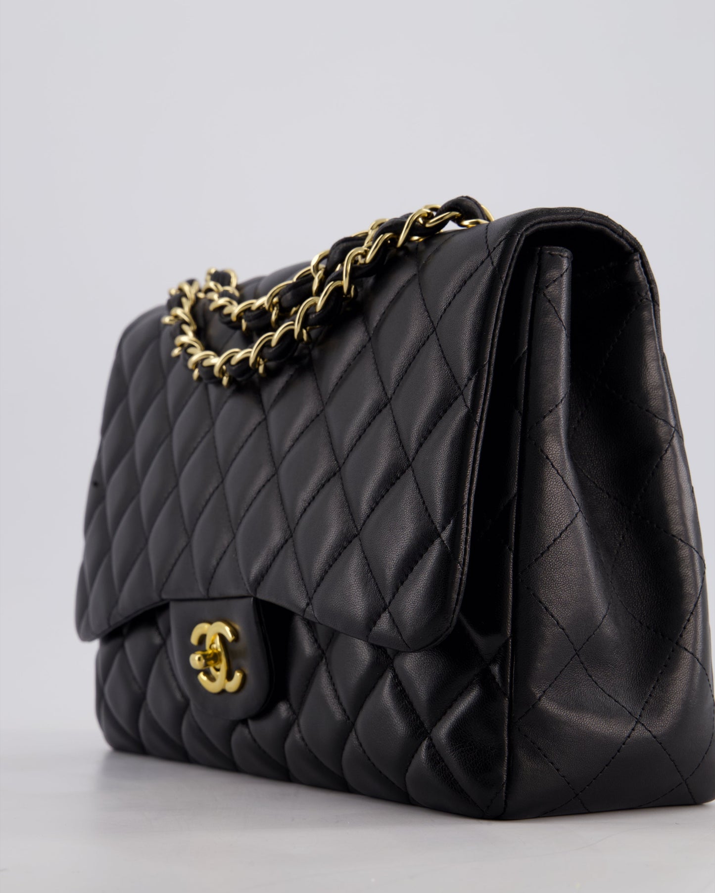 Chanel Black Jumbo Classic Single Flap Bag in Lambskin Leather with Gold Hardware