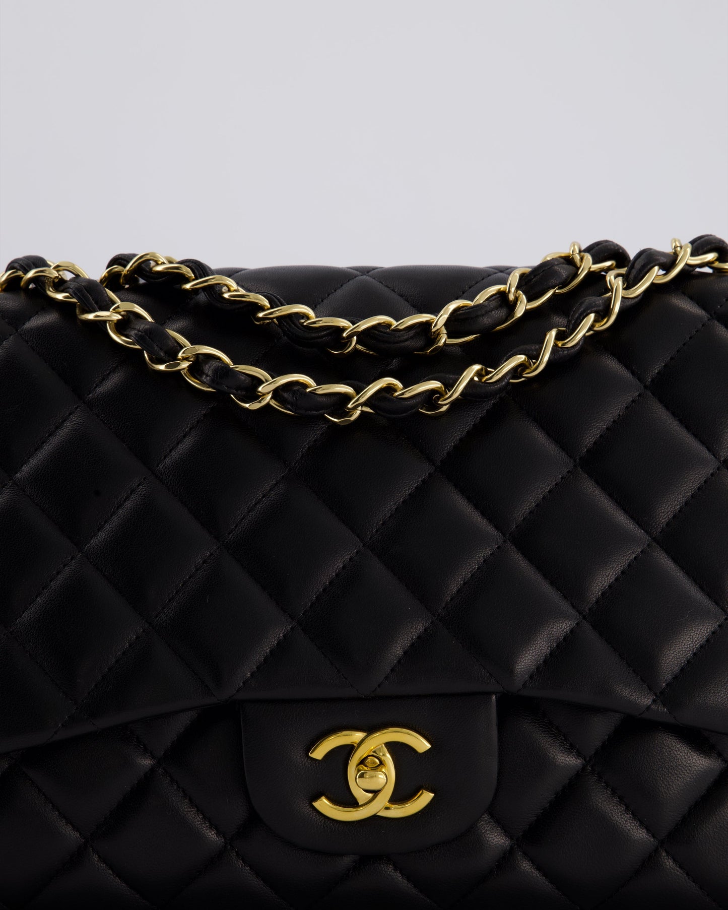 Chanel Black Jumbo Classic Single Flap Bag in Lambskin Leather with Gold Hardware