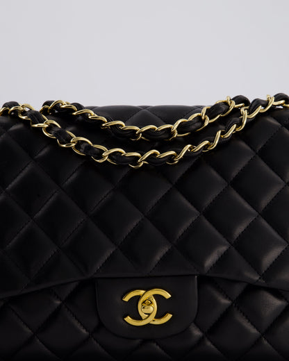 Chanel Black Jumbo Classic Single Flap Bag in Lambskin Leather with Gold Hardware