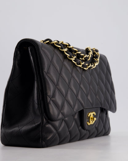 Chanel Black Jumbo Classic Single Flap Bag in Lambskin Leather with Gold Hardware
