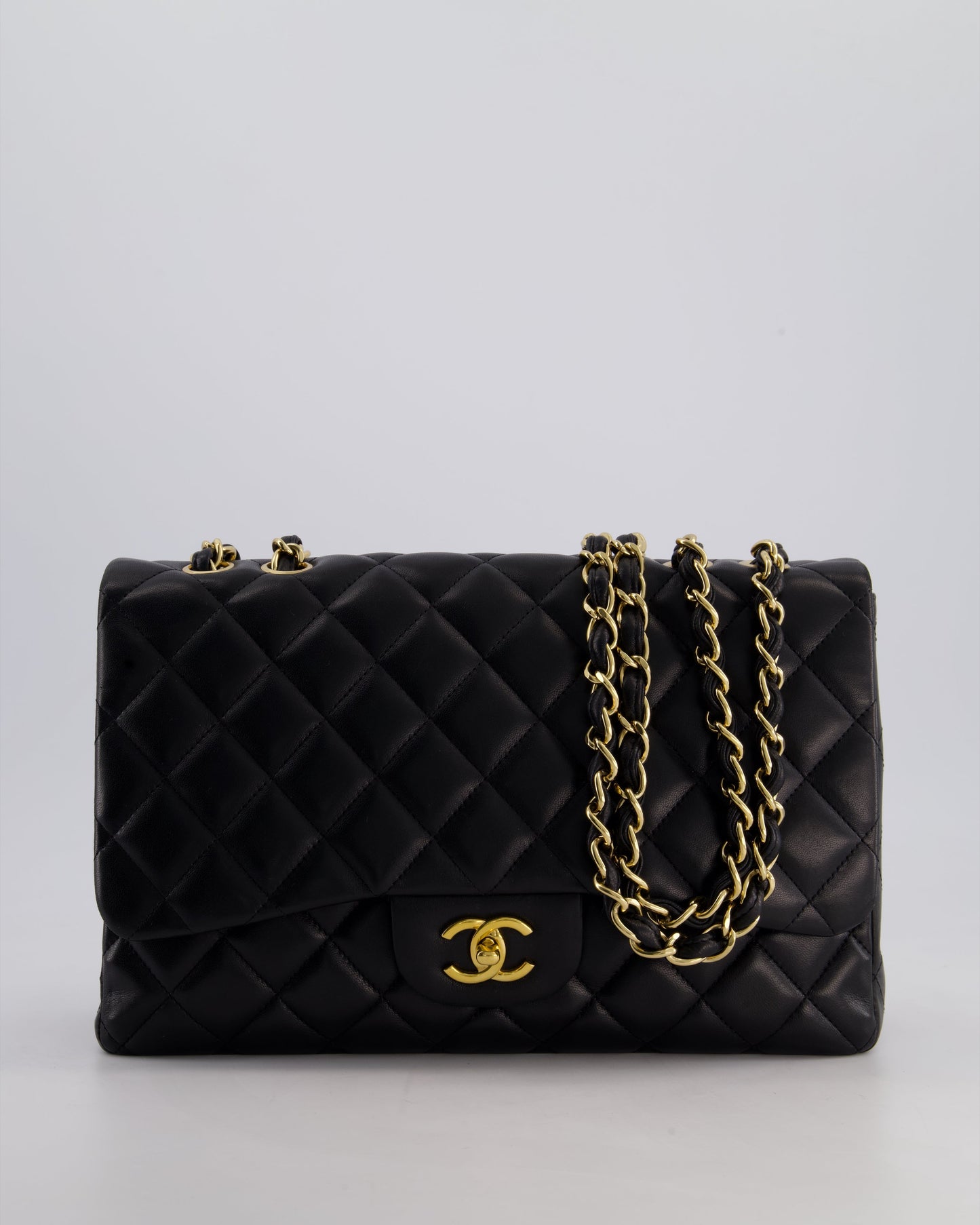 Chanel Black Jumbo Classic Single Flap Bag in Lambskin Leather with Gold Hardware