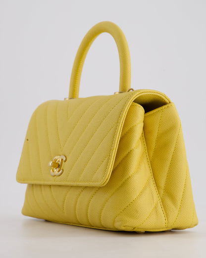 Chanel Small Mustard Yellow Coco Flap Top Handle Bag in Caviar Chevron Leather with Brushed Gold Hardware