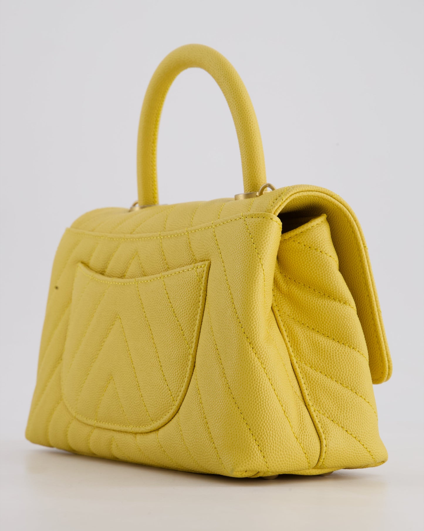 Chanel Small Mustard Yellow Coco Flap Top Handle Bag in Caviar Chevron Leather with Brushed Gold Hardware
