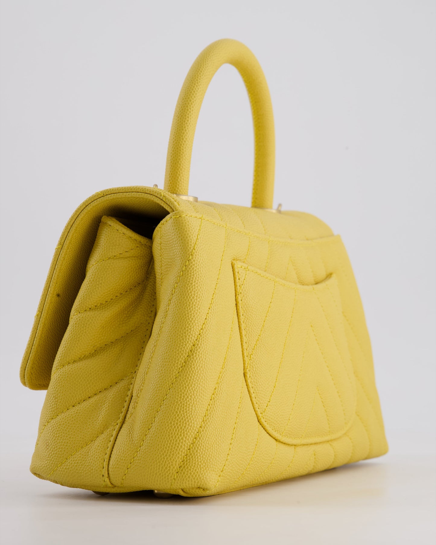 Chanel Small Mustard Yellow Coco Flap Top Handle Bag in Caviar Chevron Leather with Brushed Gold Hardware