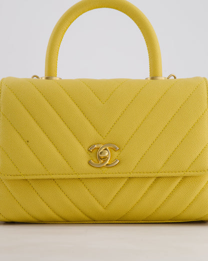 Chanel Small Mustard Yellow Coco Flap Top Handle Bag in Caviar Chevron Leather with Brushed Gold Hardware