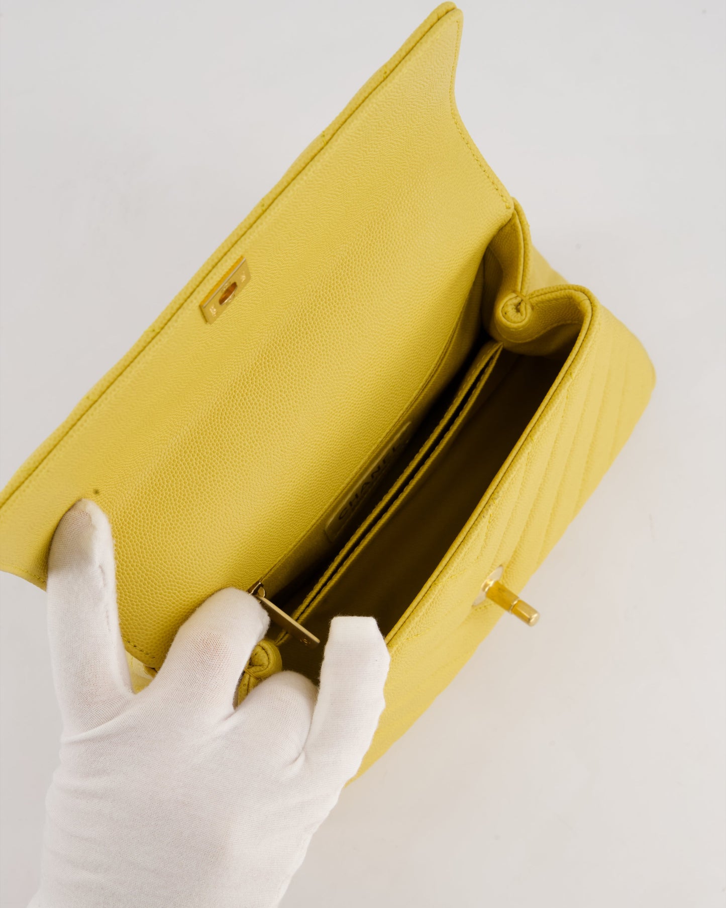 Chanel Small Mustard Yellow Coco Flap Top Handle Bag in Caviar Chevron Leather with Brushed Gold Hardware