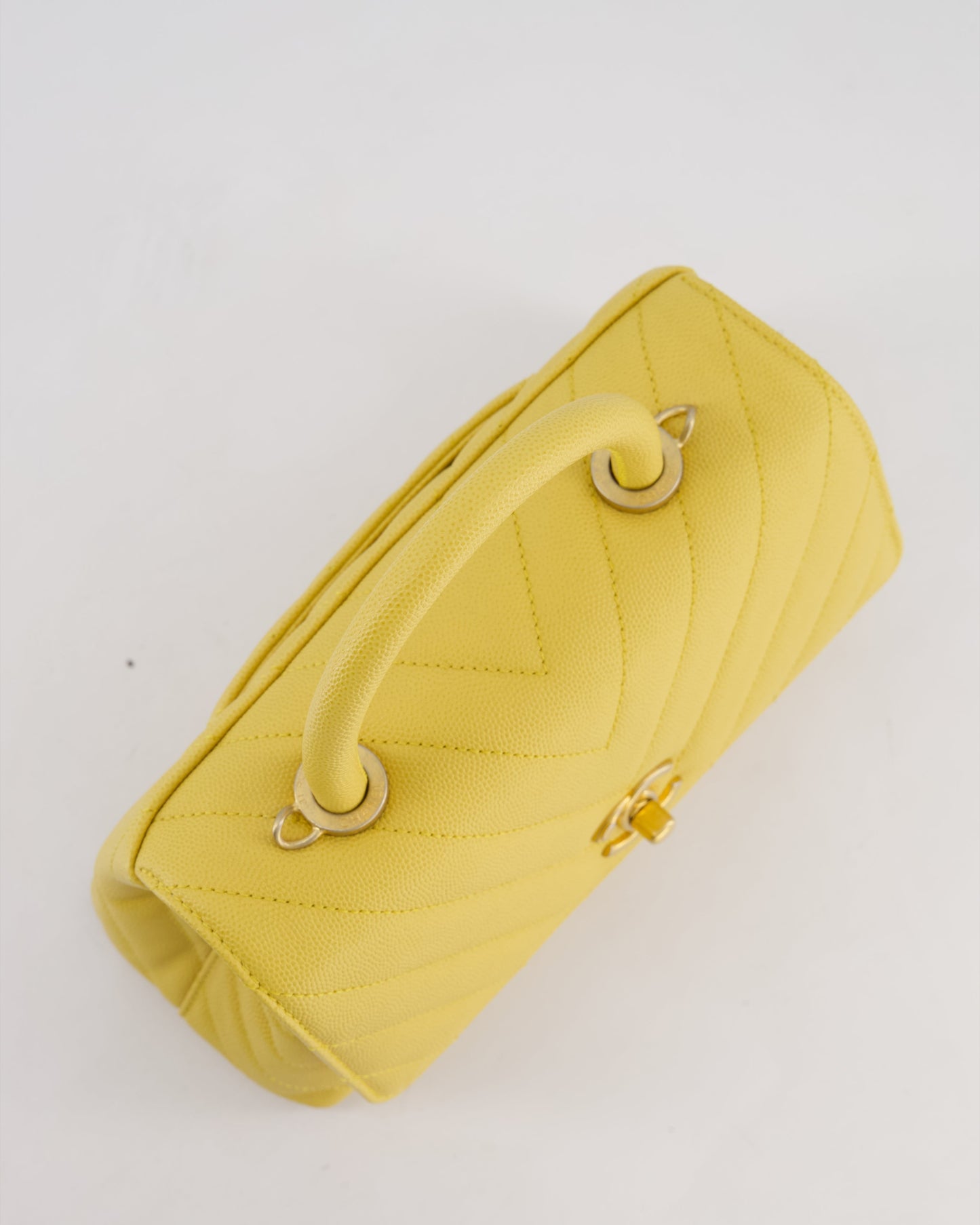 Chanel Small Mustard Yellow Coco Flap Top Handle Bag in Caviar Chevron Leather with Brushed Gold Hardware