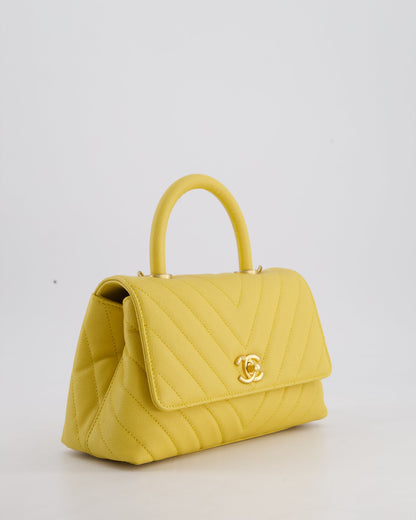 Chanel Small Mustard Yellow Coco Flap Top Handle Bag in Caviar Chevron Leather with Brushed Gold Hardware