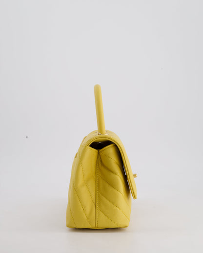Chanel Small Mustard Yellow Coco Flap Top Handle Bag in Caviar Chevron Leather with Brushed Gold Hardware
