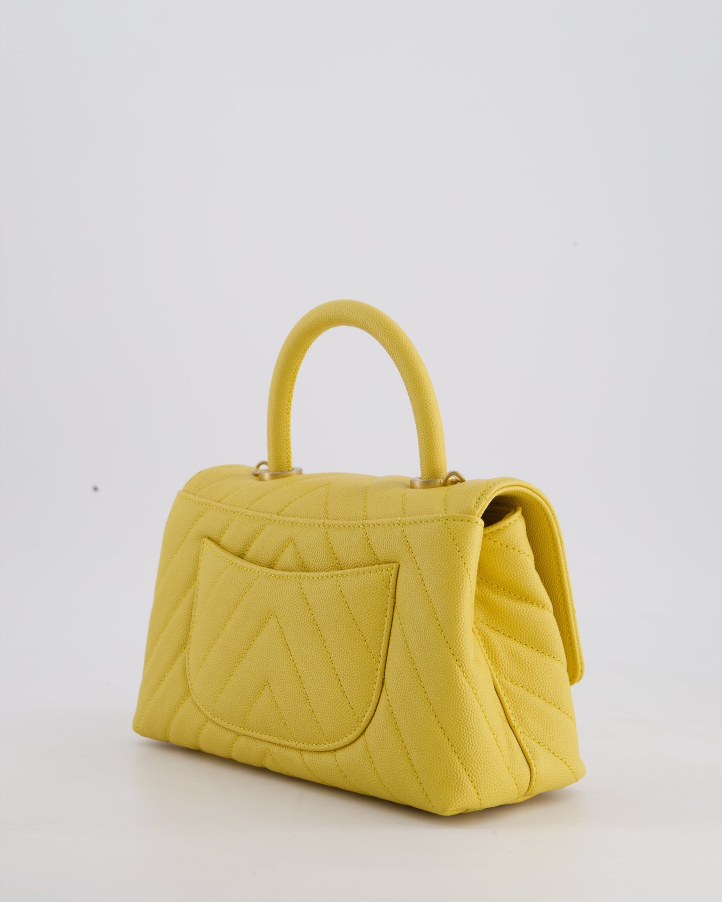 Chanel Small Mustard Yellow Coco Flap Top Handle Bag in Caviar Chevron Leather with Brushed Gold Hardware
