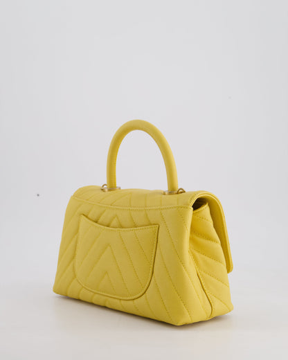 Chanel Small Mustard Yellow Coco Flap Top Handle Bag in Caviar Chevron Leather with Brushed Gold Hardware