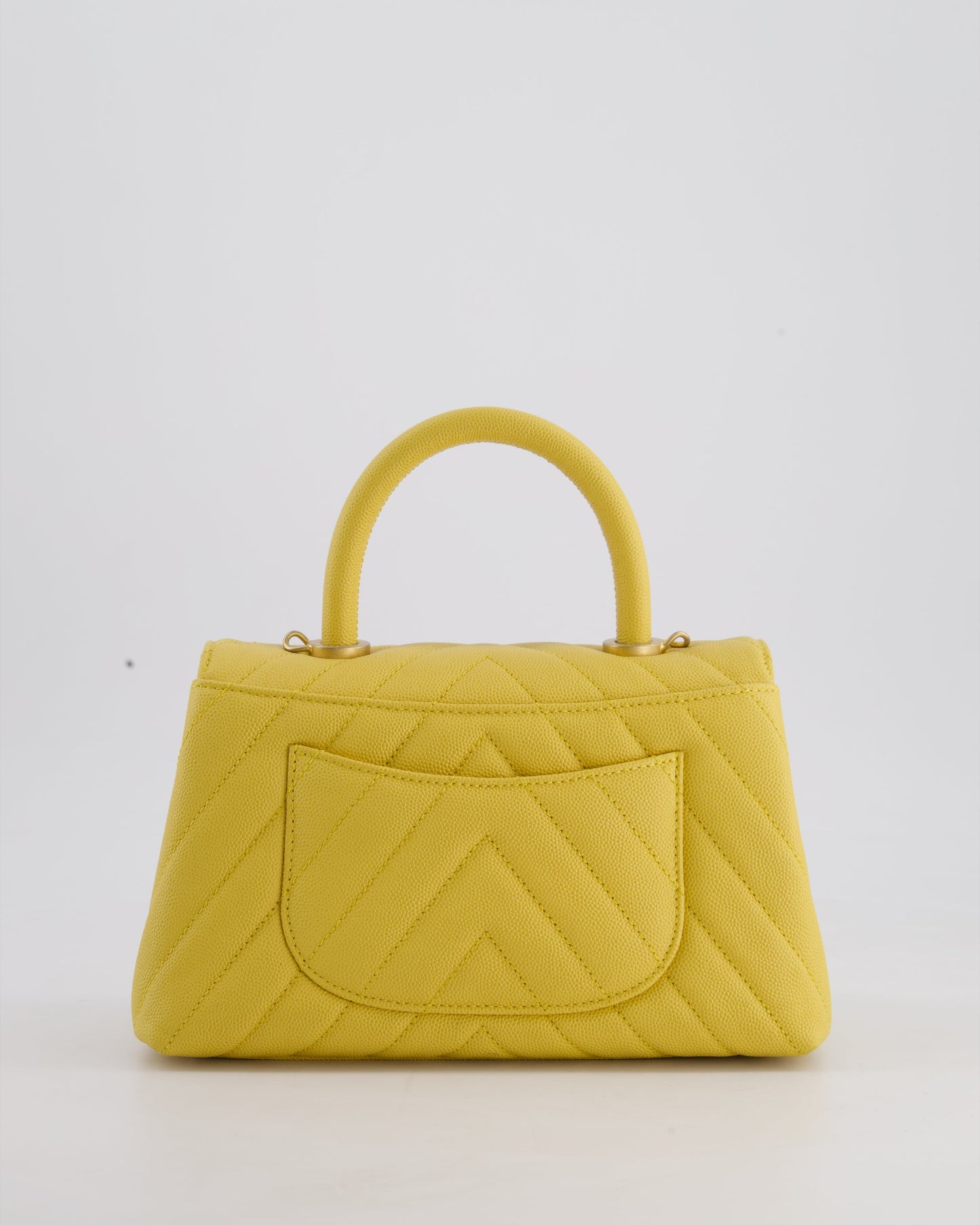 Chanel Small Mustard Yellow Coco Flap Top Handle Bag in Caviar Chevron Leather with Brushed Gold Hardware