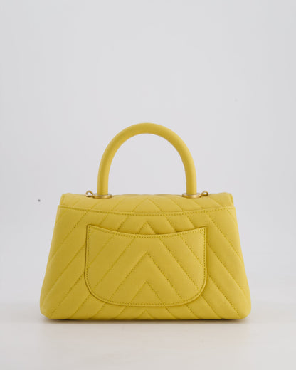 Chanel Small Mustard Yellow Coco Flap Top Handle Bag in Caviar Chevron Leather with Brushed Gold Hardware