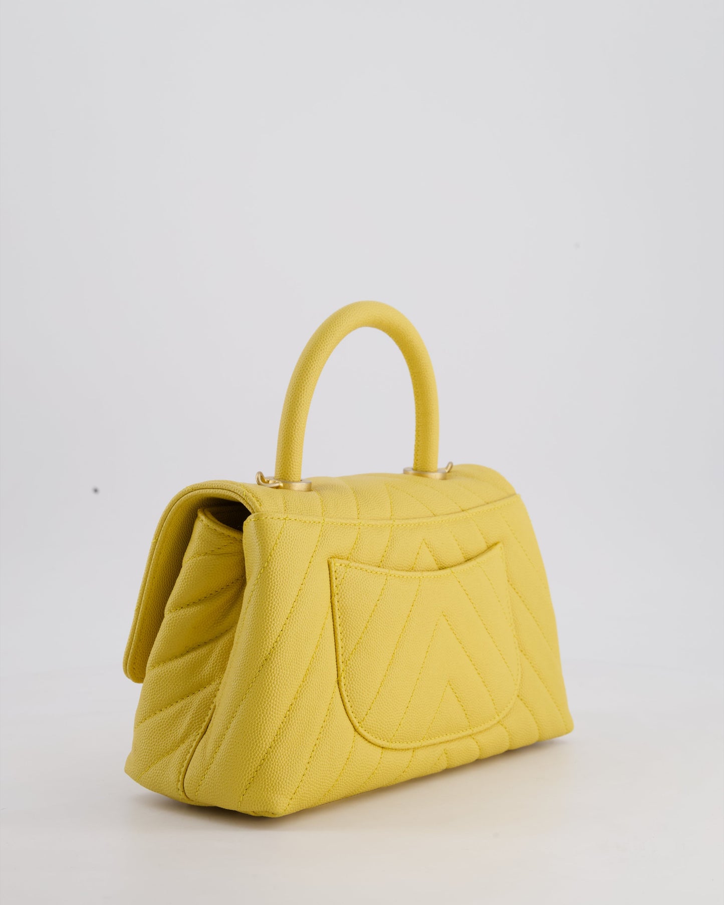 Chanel Small Mustard Yellow Coco Flap Top Handle Bag in Caviar Chevron Leather with Brushed Gold Hardware