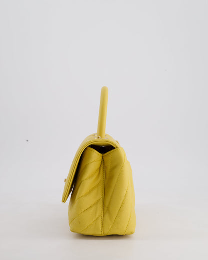 Chanel Small Mustard Yellow Coco Flap Top Handle Bag in Caviar Chevron Leather with Brushed Gold Hardware