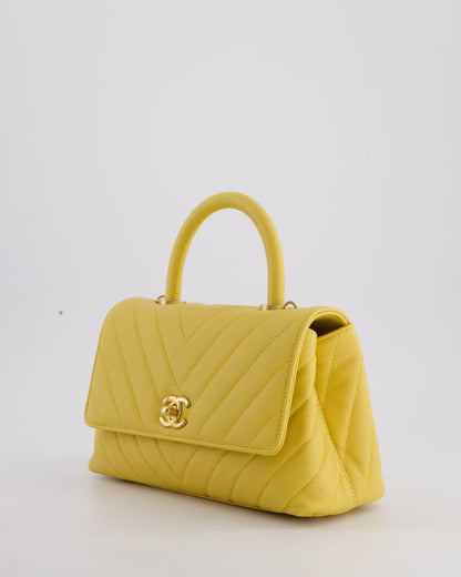 Chanel Small Mustard Yellow Coco Flap Top Handle Bag in Caviar Chevron Leather with Brushed Gold Hardware