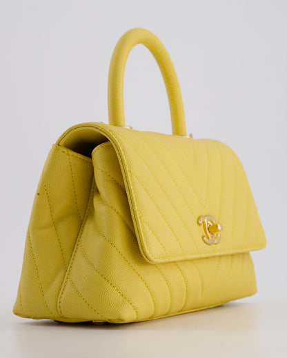 Chanel Small Mustard Yellow Coco Flap Top Handle Bag in Caviar Chevron Leather with Brushed Gold Hardware