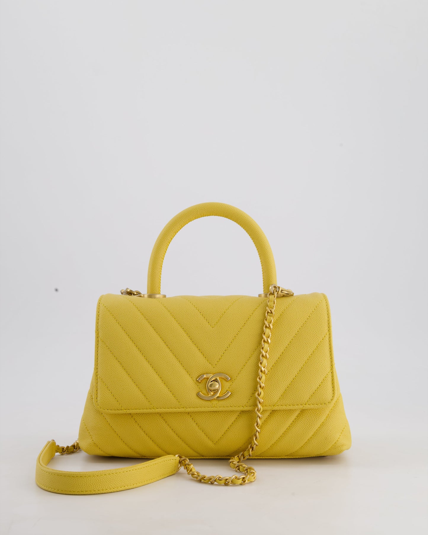 Chanel Small Mustard Yellow Coco Flap Top Handle Bag in Caviar Chevron Leather with Brushed Gold Hardware