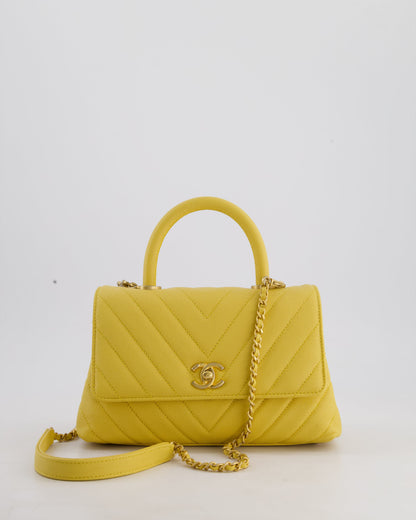 Chanel Small Mustard Yellow Coco Flap Top Handle Bag in Caviar Chevron Leather with Brushed Gold Hardware