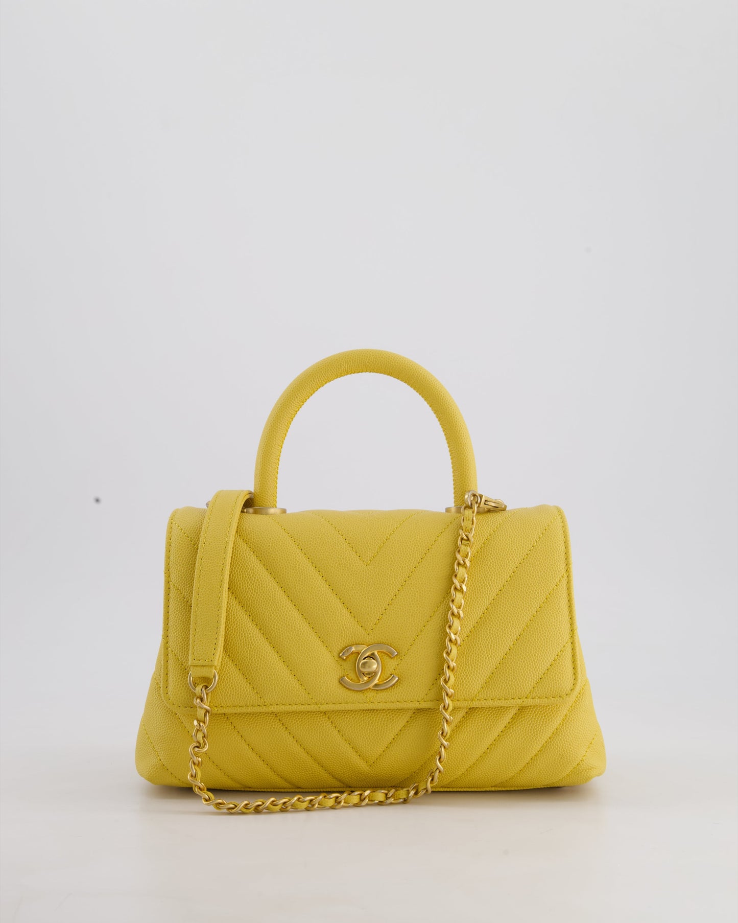 Chanel Small Mustard Yellow Coco Flap Top Handle Bag in Caviar Chevron Leather with Brushed Gold Hardware
