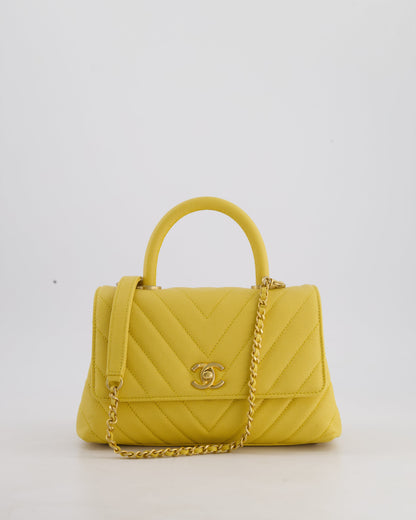 Chanel Small Mustard Yellow Coco Flap Top Handle Bag in Caviar Chevron Leather with Brushed Gold Hardware