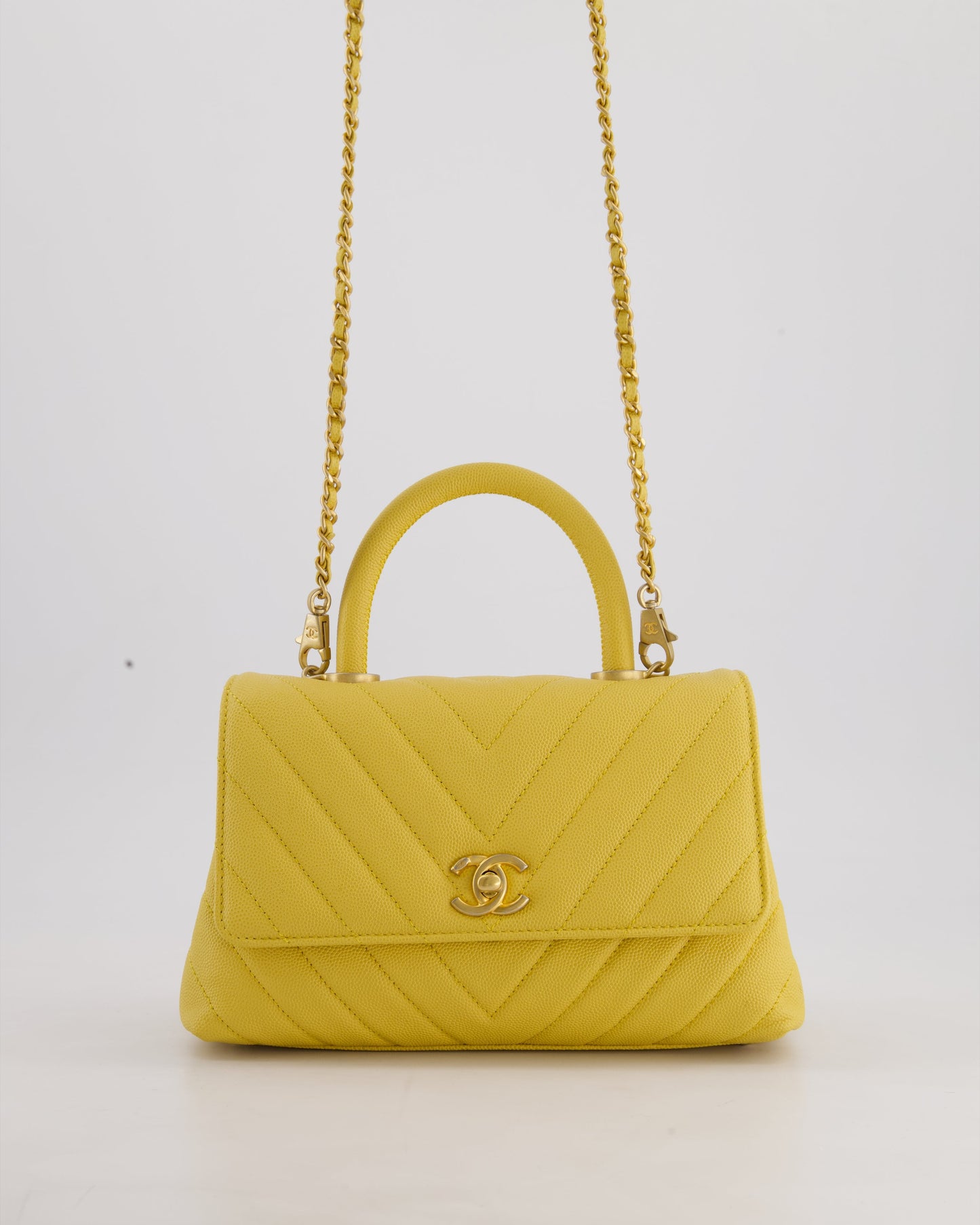 Chanel Small Mustard Yellow Coco Flap Top Handle Bag in Caviar Chevron Leather with Brushed Gold Hardware