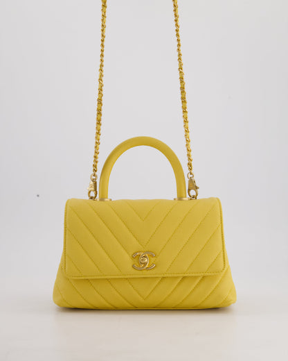Chanel Small Mustard Yellow Coco Flap Top Handle Bag in Caviar Chevron Leather with Brushed Gold Hardware