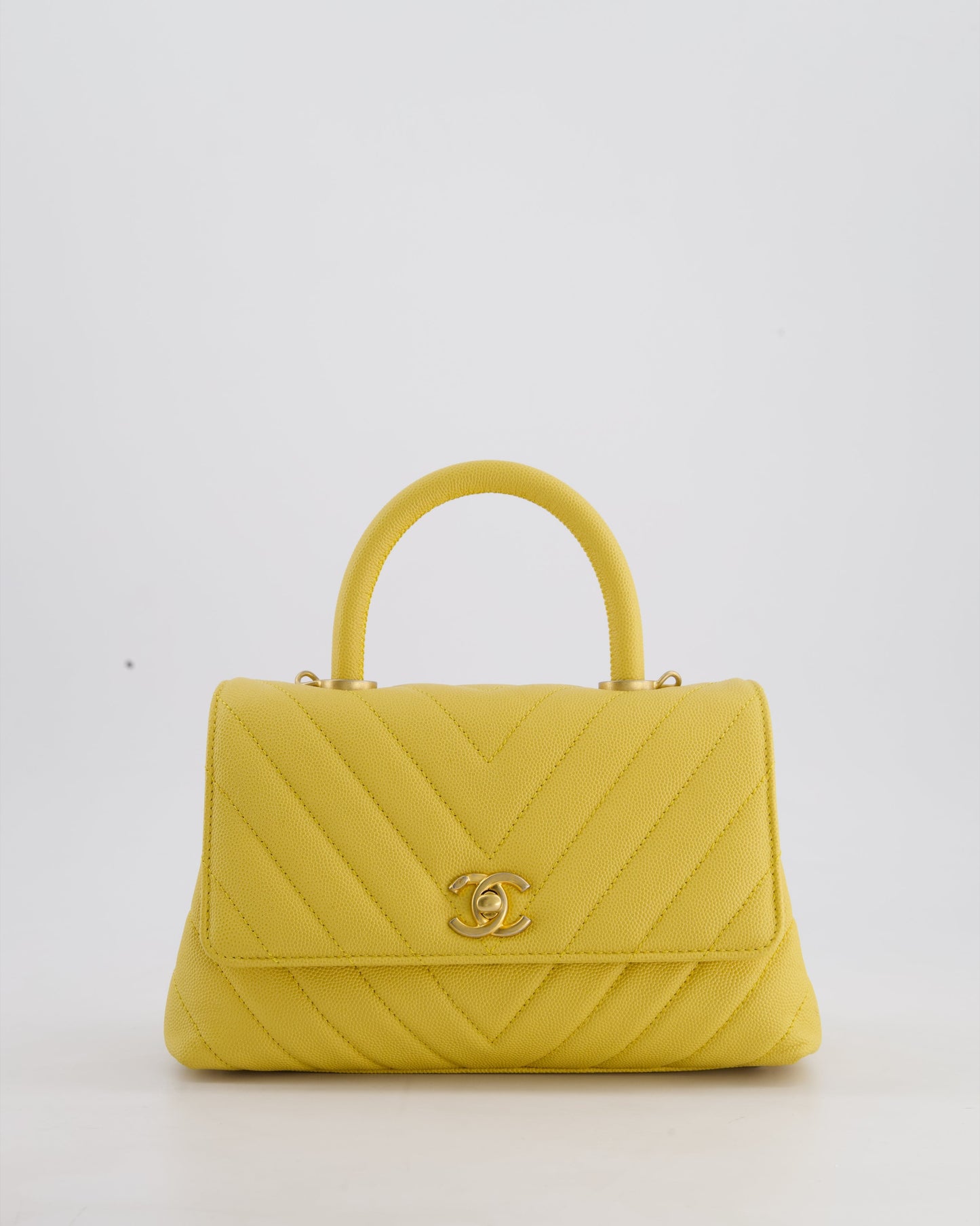 Chanel Small Mustard Yellow Coco Flap Top Handle Bag in Caviar Chevron Leather with Brushed Gold Hardware