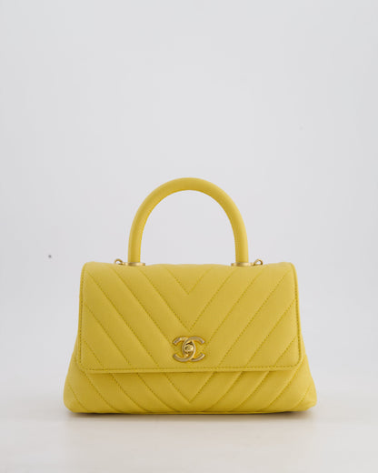 Chanel Small Mustard Yellow Coco Flap Top Handle Bag in Caviar Chevron Leather with Brushed Gold Hardware