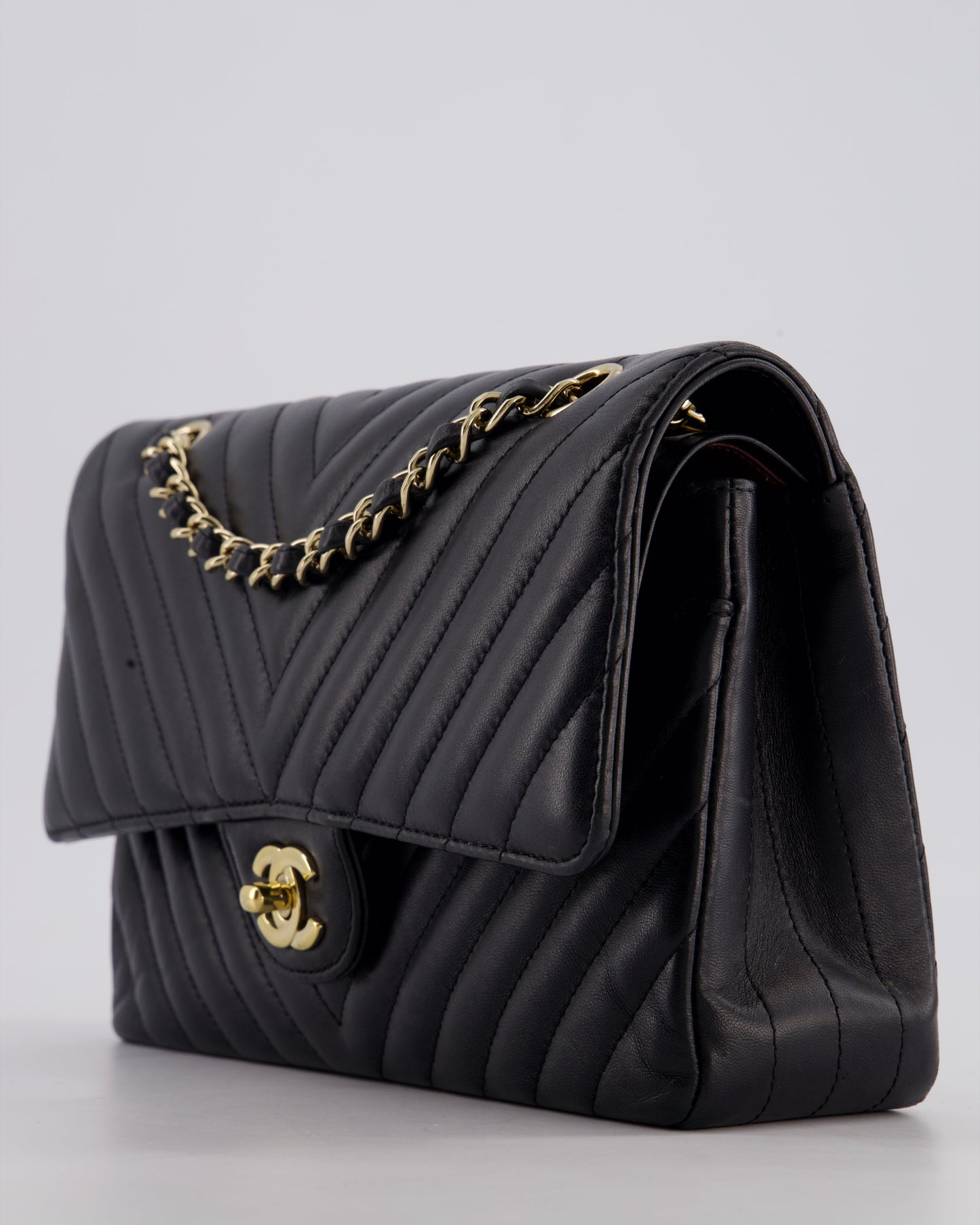 Chanel Black Chevron Medium Classic Double Flap Bag in Lambskin Leather with Gold Hardware