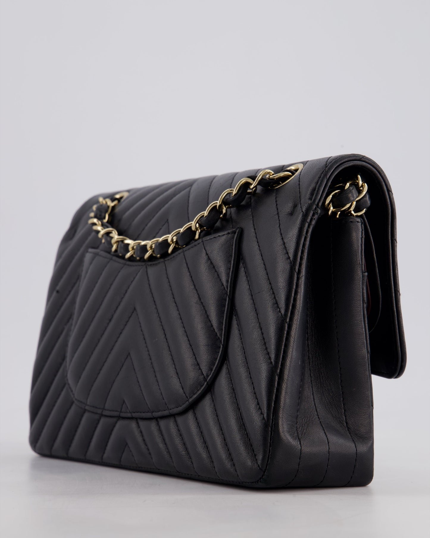 Chanel Black Chevron Medium Classic Double Flap Bag in Lambskin Leather with Gold Hardware