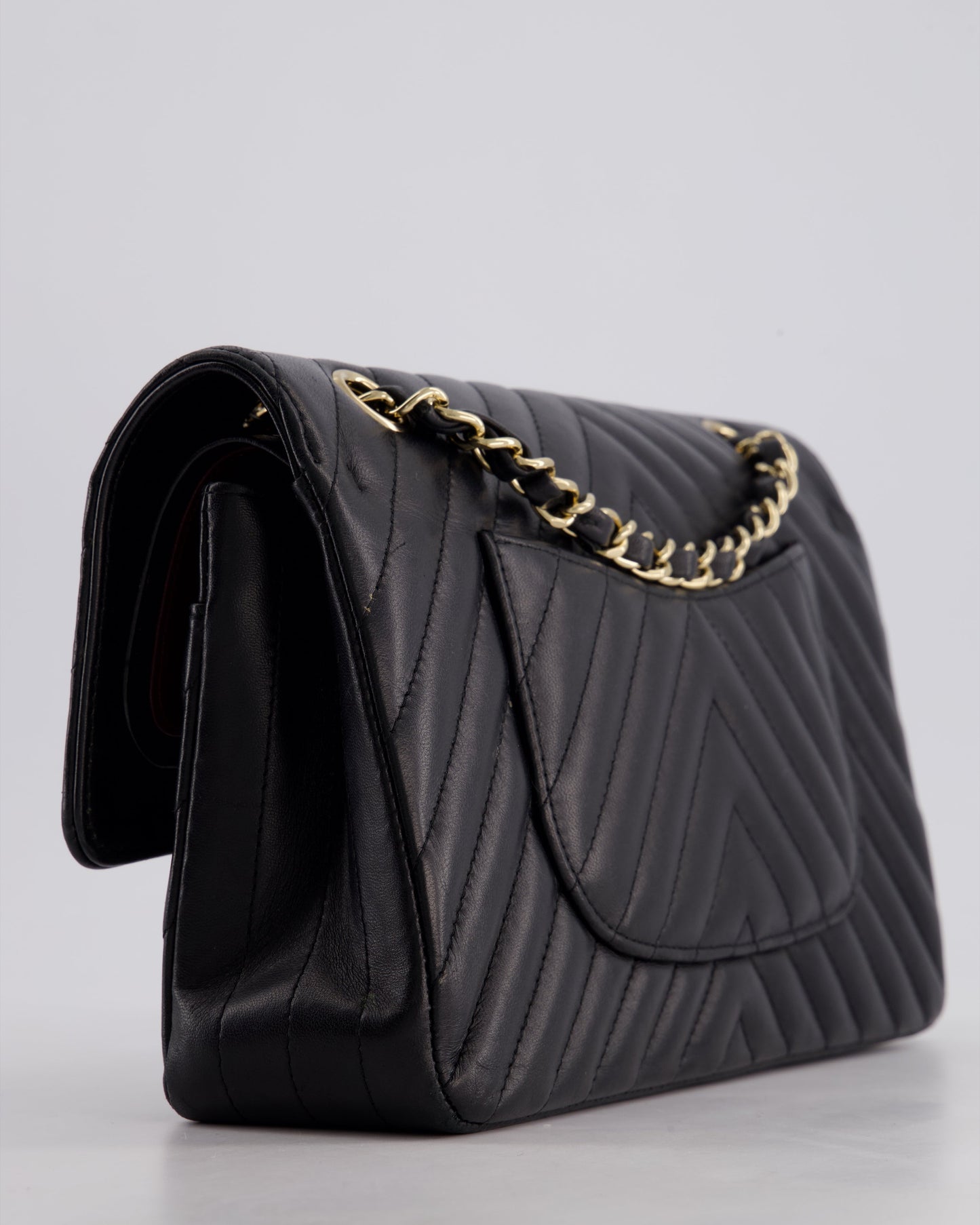 Chanel Black Chevron Medium Classic Double Flap Bag in Lambskin Leather with Gold Hardware