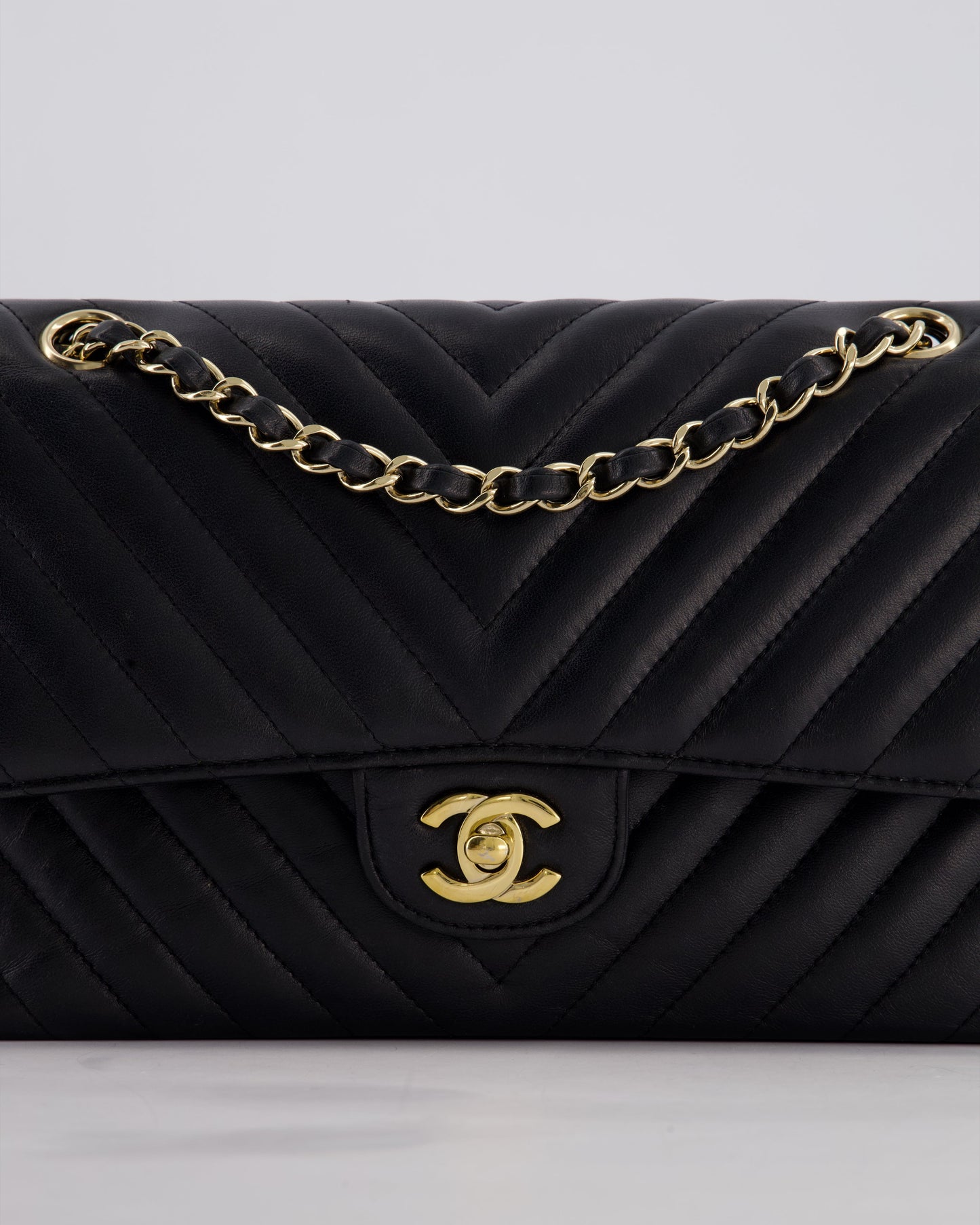 Chanel Black Chevron Medium Classic Double Flap Bag in Lambskin Leather with Gold Hardware