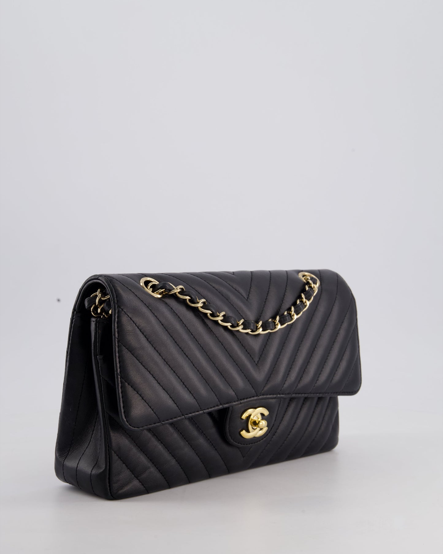 Chanel Black Chevron Medium Classic Double Flap Bag in Lambskin Leather with Gold Hardware