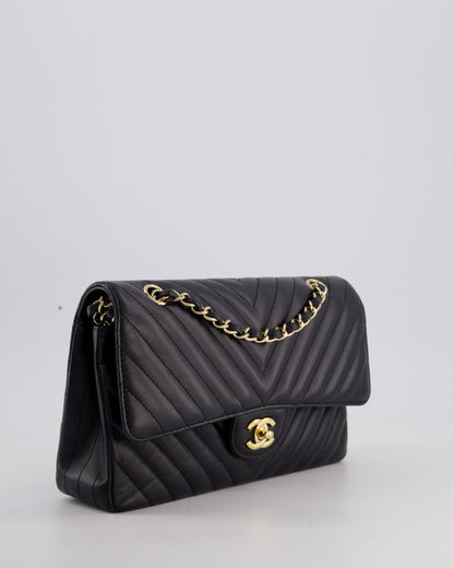 Chanel Black Chevron Medium Classic Double Flap Bag in Lambskin Leather with Gold Hardware