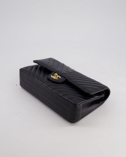 Chanel Black Chevron Medium Classic Double Flap Bag in Lambskin Leather with Gold Hardware