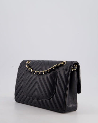 Chanel Black Chevron Medium Classic Double Flap Bag in Lambskin Leather with Gold Hardware
