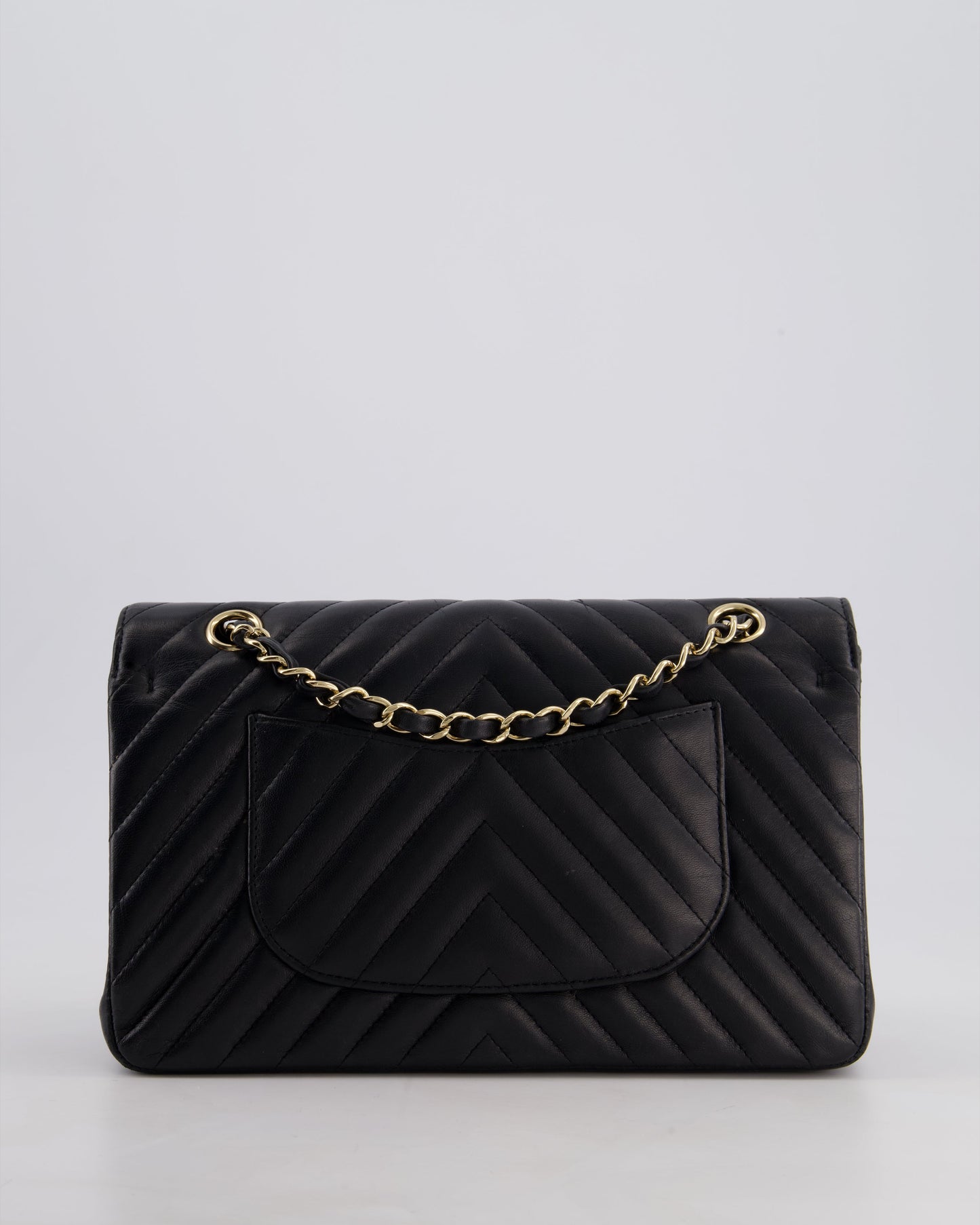 Chanel Black Chevron Medium Classic Double Flap Bag in Lambskin Leather with Gold Hardware