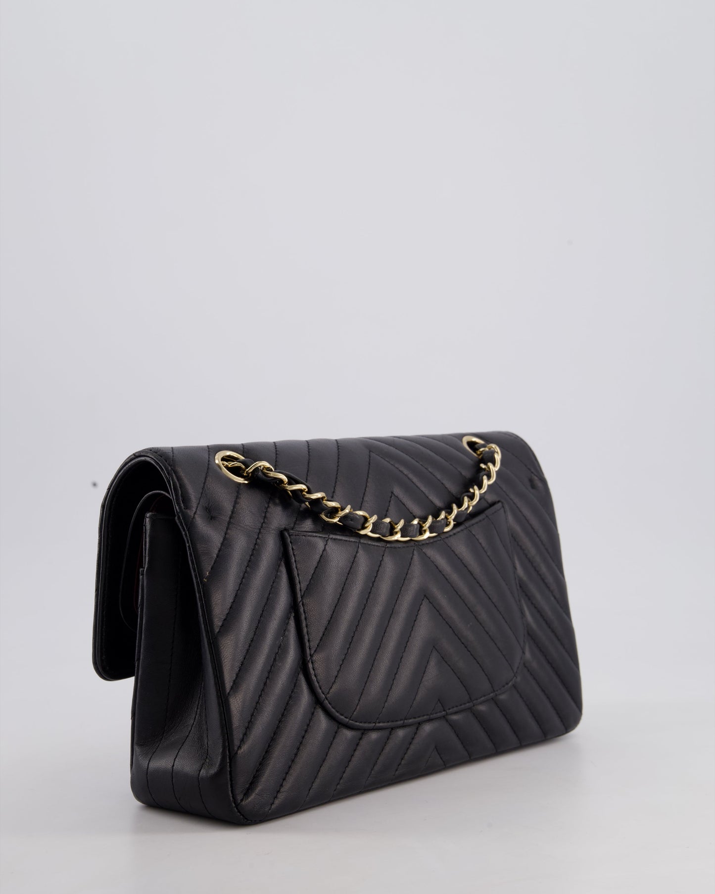 Chanel Black Chevron Medium Classic Double Flap Bag in Lambskin Leather with Gold Hardware