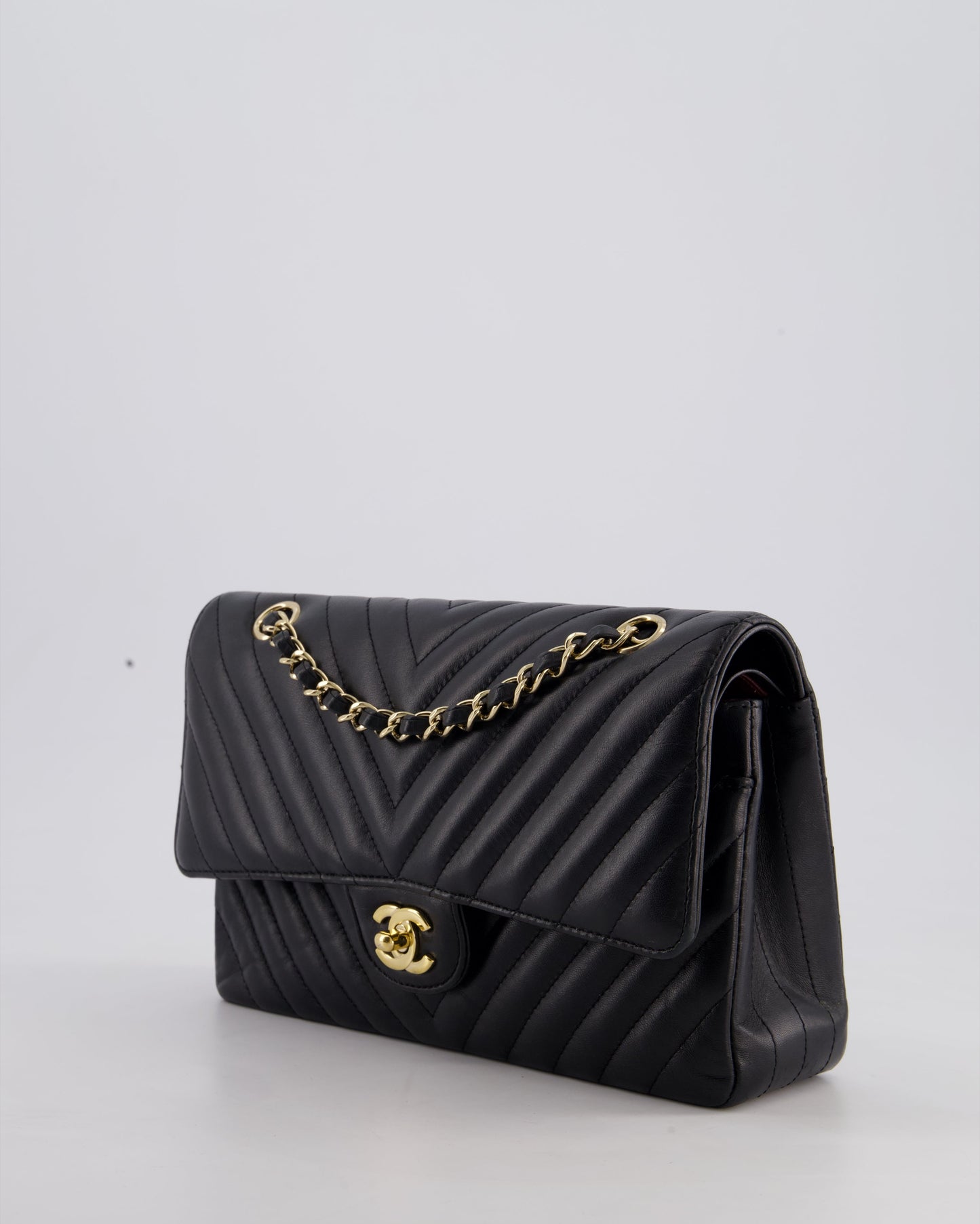 Chanel Black Chevron Medium Classic Double Flap Bag in Lambskin Leather with Gold Hardware