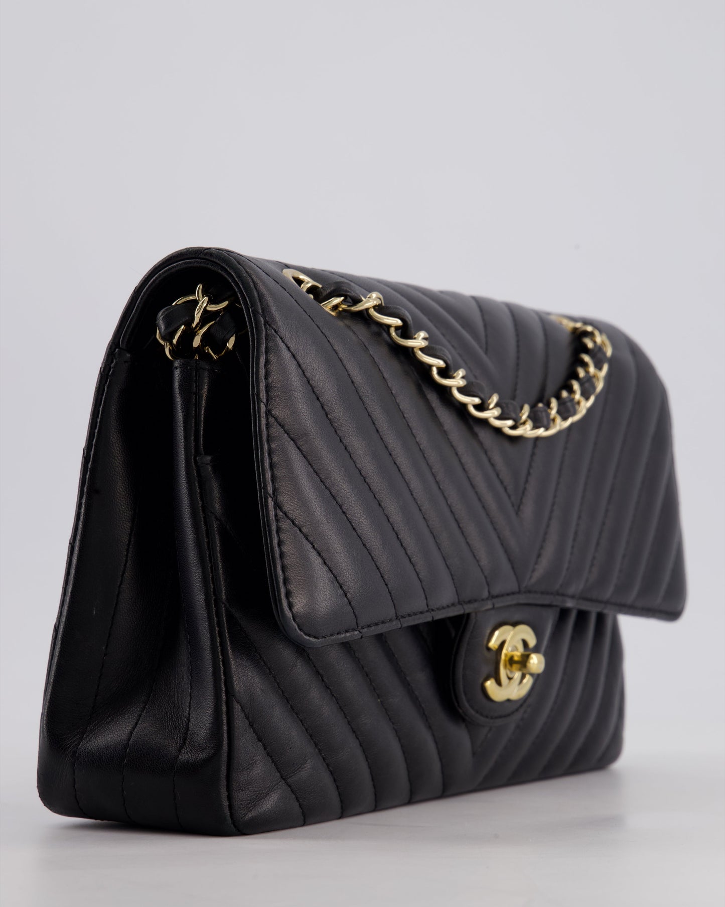 Chanel Black Chevron Medium Classic Double Flap Bag in Lambskin Leather with Gold Hardware