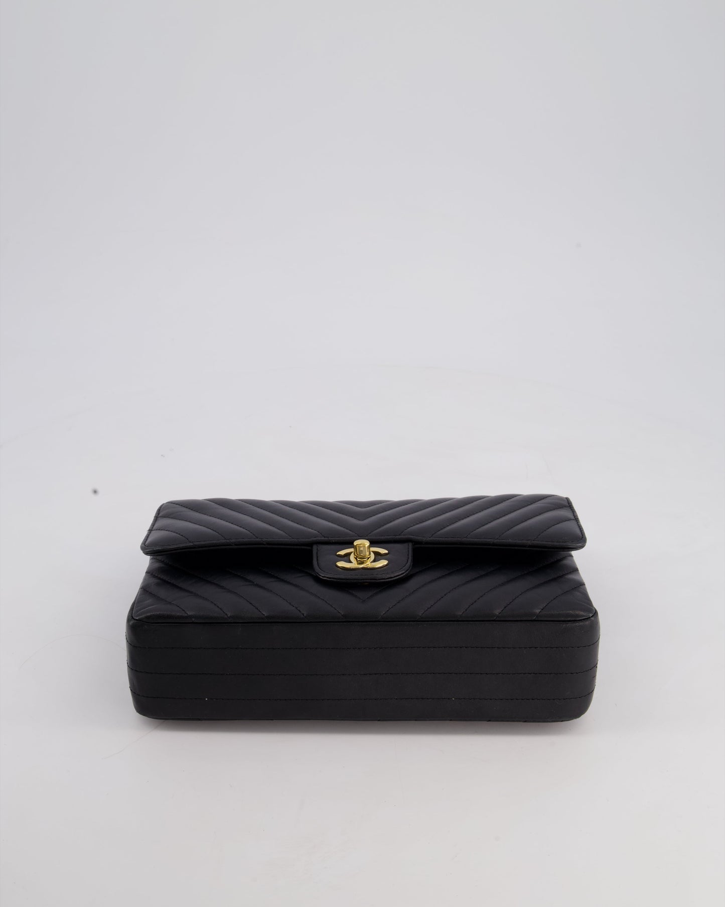 Chanel Black Chevron Medium Classic Double Flap Bag in Lambskin Leather with Gold Hardware